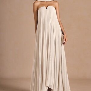 Azazie Nahla Cream Allover Pleated Maxi Dress